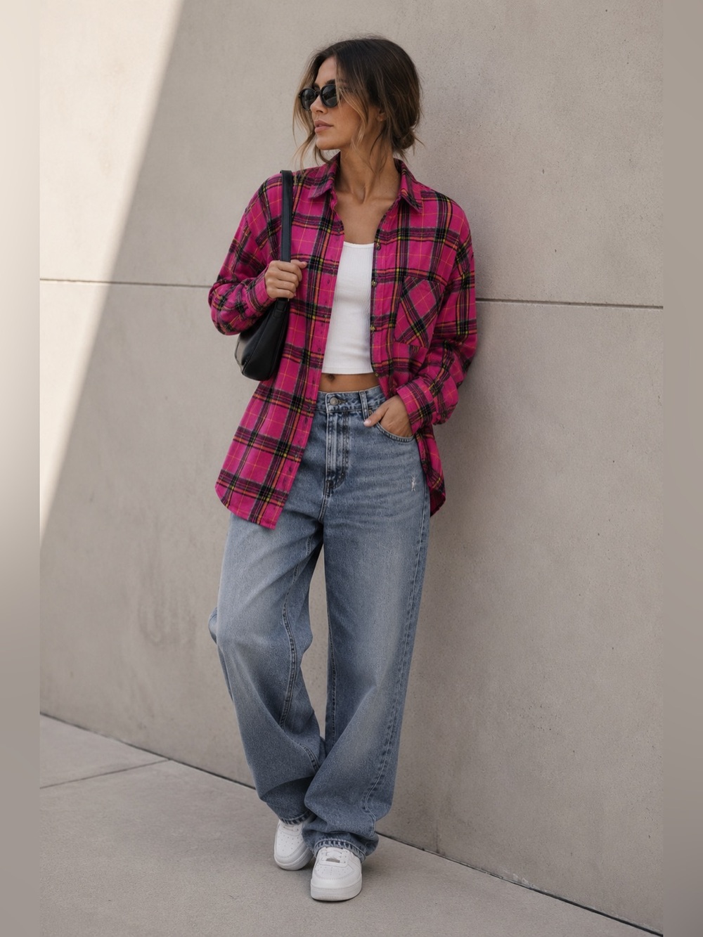 NWT Fantaslook Pink Plaid Flannel Button Down Shirt XL Long Sleeve Pocket Top